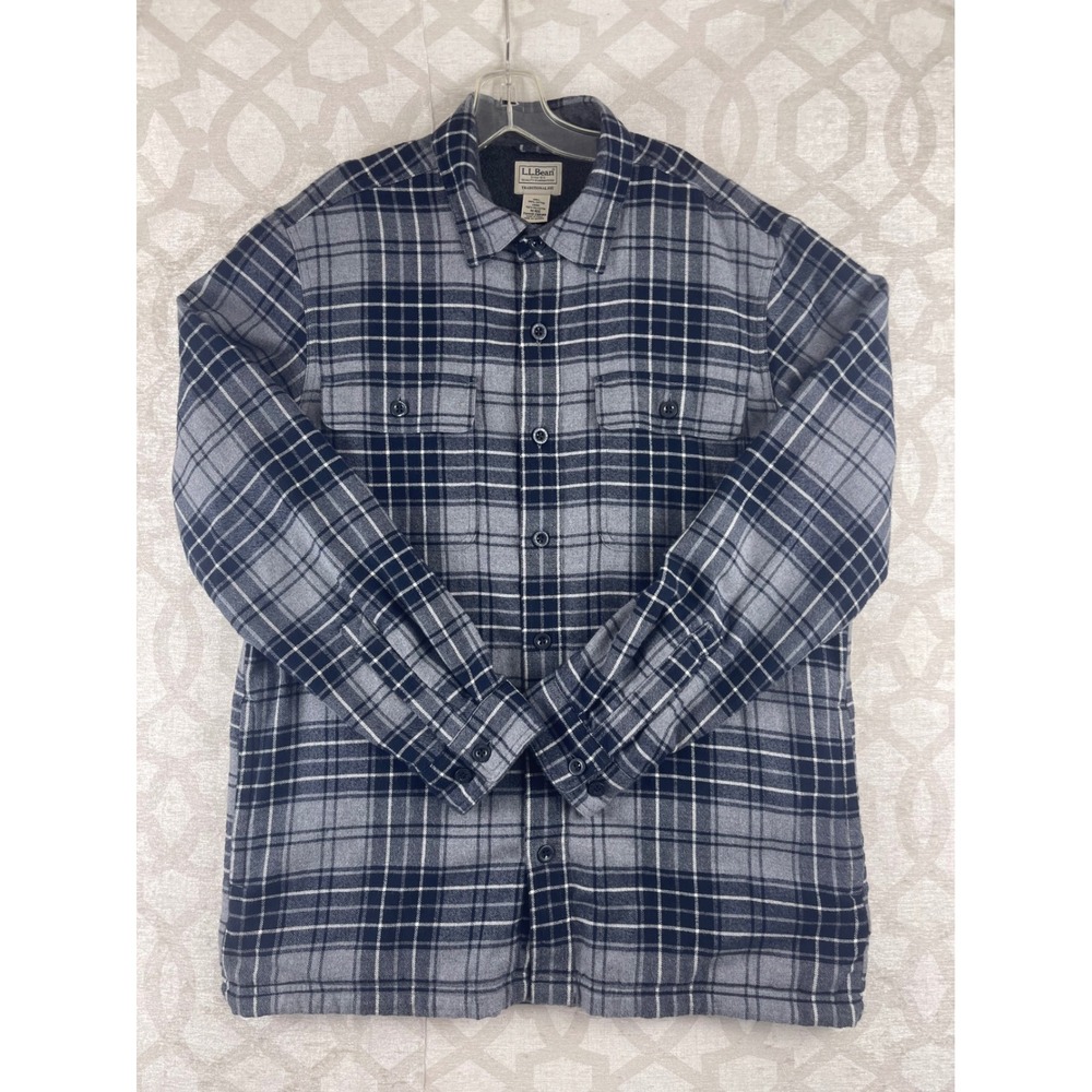 LL Bean Mens M Fleece Lined Flannel Shirt Jacket Gray Navy Plaid‎ 298189 Regular